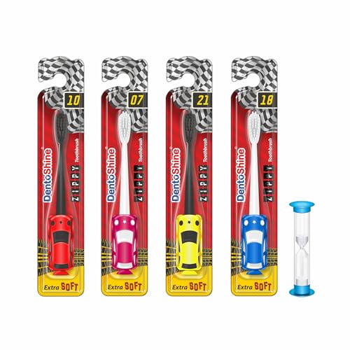 DentoShine ZIPPY Extra Soft Toothbrush for Kids (Ages 3+) (Red, Pink, Yellow, Blue, with 2 min Manual Timer, Pack of 4 designs) - Image 1