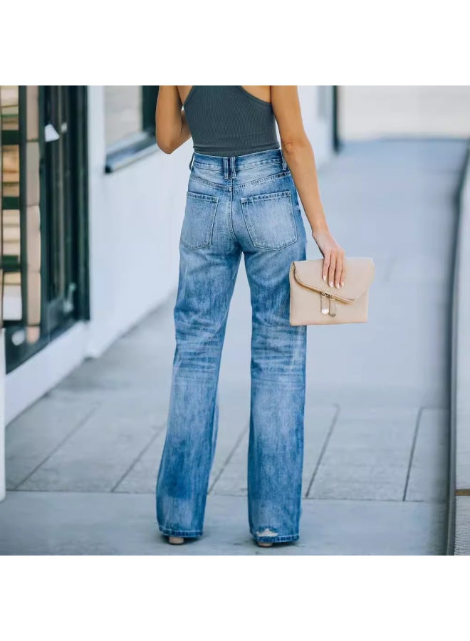 New Arrival Standalone Site Simple And Stylish Straight Leg Distressed Long Women's Jeans - Image 3