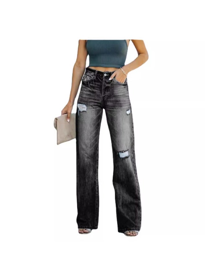 New Arrival Standalone Site Simple And Stylish Straight Leg Distressed Long Women's Jeans - Image 5