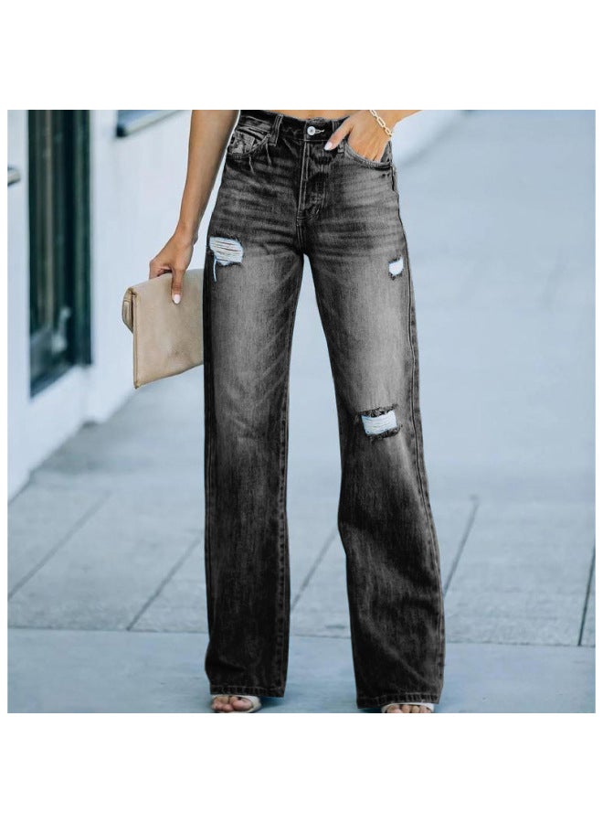 New Arrival Standalone Site Simple And Stylish Straight Leg Distressed Long Women's Jeans - Image 1