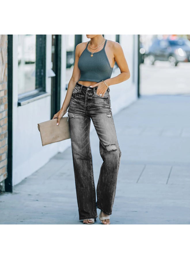 New Arrival Standalone Site Simple And Stylish Straight Leg Distressed Long Women's Jeans - Image 4