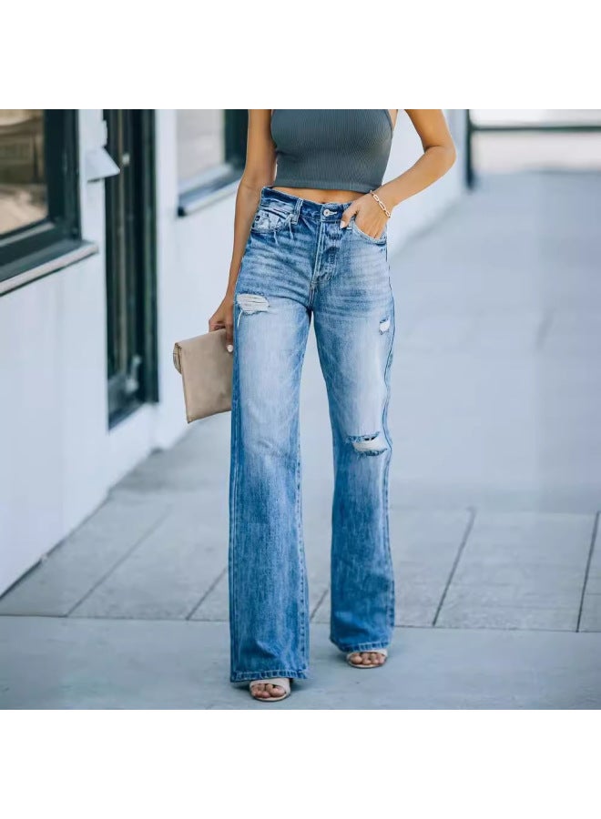 New Arrival Standalone Site Simple And Stylish Straight Leg Distressed Long Women's Jeans - Image 2