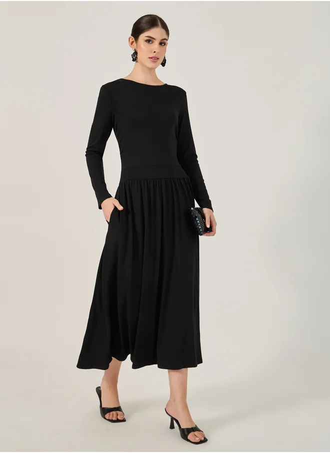 Styli Plain Long Sleeves A-Line Maxi Dress
