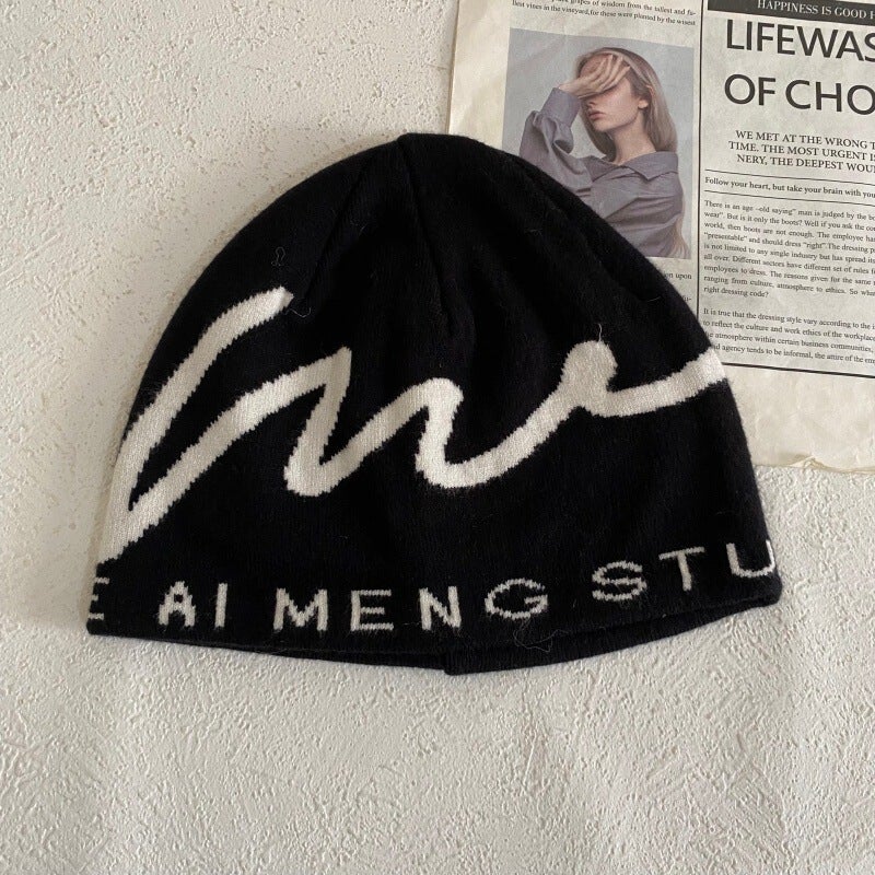 Letter Beanie Unisex Winter Warm Mountaineering Knit Hat Acrylic - Image 1