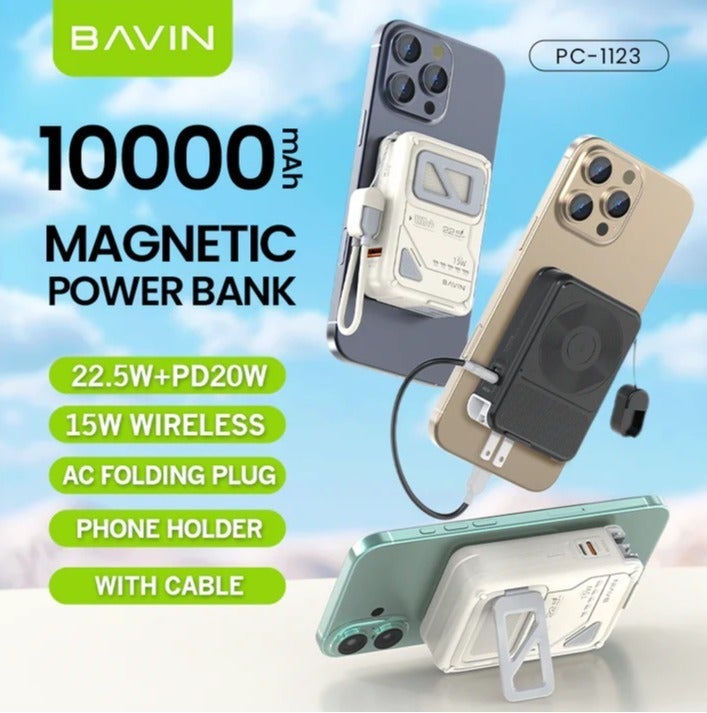 بافين بنك طاقة لاسلكي BAVIN PC-1123E بسعة 10000 مللي أمبير مع شحن سريع PD20W وكابل مدمج - Image 5