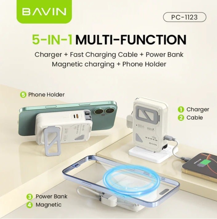 بافين بنك طاقة لاسلكي BAVIN PC-1123E بسعة 10000 مللي أمبير مع شحن سريع PD20W وكابل مدمج - Image 3