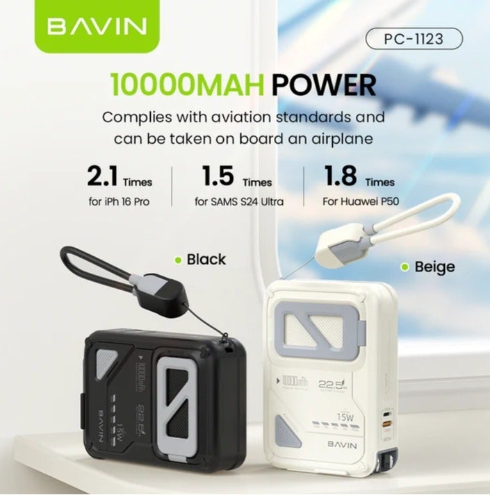 بافين بنك طاقة لاسلكي BAVIN PC-1123E بسعة 10000 مللي أمبير مع شحن سريع PD20W وكابل مدمج - Image 2