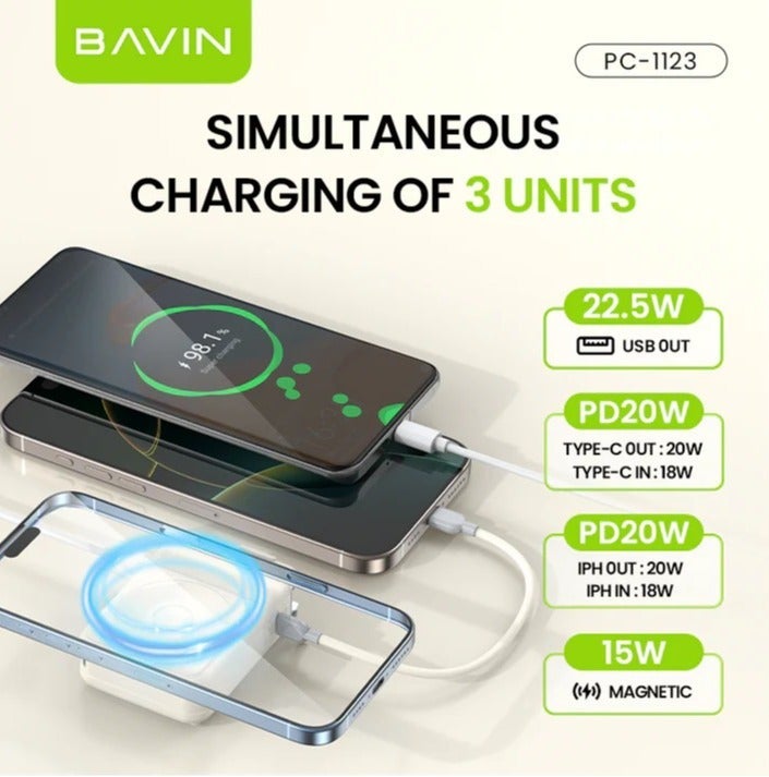 بافين بنك طاقة لاسلكي BAVIN PC-1123E بسعة 10000 مللي أمبير مع شحن سريع PD20W وكابل مدمج - Image 4