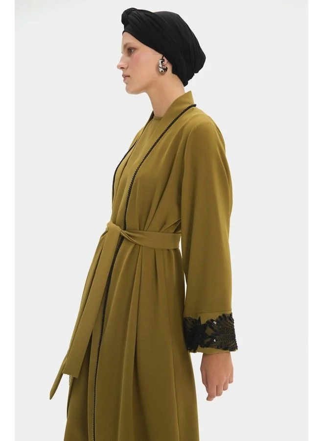 JUNE June Women Flounce Skirt Floral Detailed Abaya Khaki