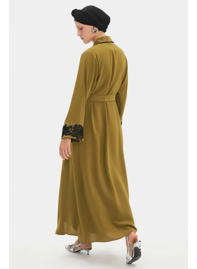 JUNE June Women Flounce Skirt Floral Detailed Abaya Khaki