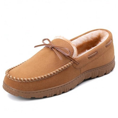 shoeslocker Men's Slippers Warm Soft Plush Memory Foam House Slippers for Men Comfortable Bedroom Moccasin Non-Slip Indoor Outdoor Beige 10 - Image 1