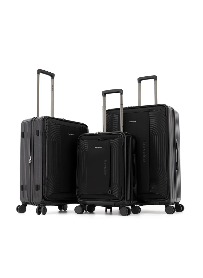 ترافلايت travelite hard shell luggage trolley bag 3-piece set,black (s-20",m-24",l-28")