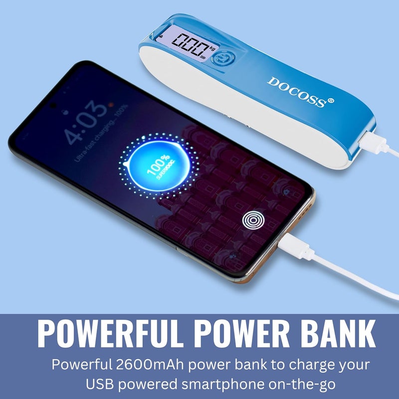 DOCOSS Portable Luggage Weighing Scale with 2600mAh Power Bank - 50kg Capacity Digital Weight Machine with Wide LCD Display for Flights, Suitcases, and Bags(Blue) - Image 3