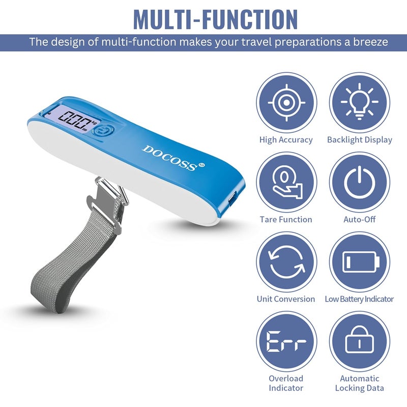 DOCOSS Portable Luggage Weighing Scale with 2600mAh Power Bank - 50kg Capacity Digital Weight Machine with Wide LCD Display for Flights, Suitcases, and Bags(Blue) - Image 4