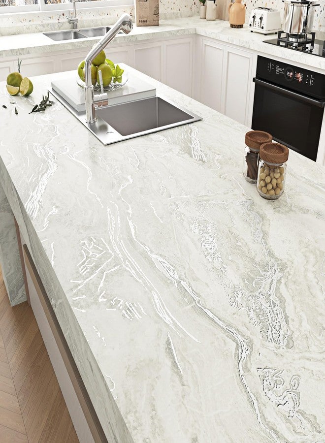 WESTICK Matte Beige/Silver Marble Wallpaper Peel and Stick Faux Marble Contact Paper for Waterproof Countertops Thick Kitchen Countertop Vinyl Wrap for Tables Desk Top Camper Furniture 15.8" x 80" - Image 1