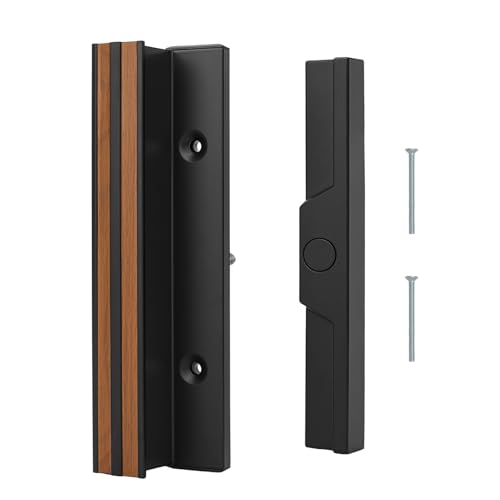 Baomain Surface Mount Sliding Patio Door Handle Set, 3-15/16" Hole Spacing C-to-C, Clamp Style Aluminum Replacement for Sliding Glass Doors, Black with Woodgrain Finish - Image 1