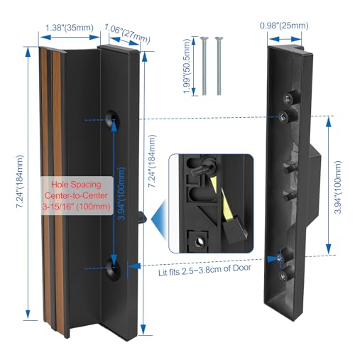 Baomain Surface Mount Sliding Patio Door Handle Set, 3-15/16" Hole Spacing C-to-C, Clamp Style Aluminum Replacement for Sliding Glass Doors, Black with Woodgrain Finish - Image 3