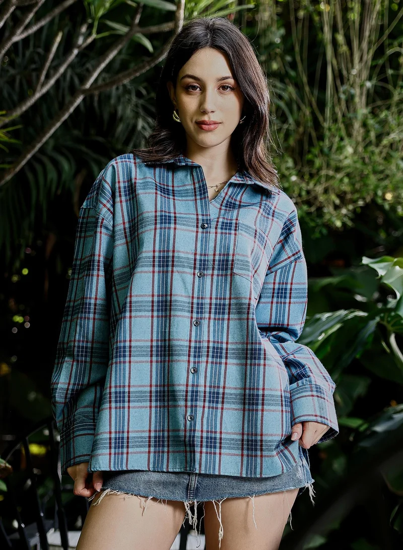 PINACOLADA Women's Shephard-Check Brushed Oversized Shirt | Spread Collar , Long Button-Cuff Sleeves, Button Closure | Checks Brushed Woven Shirt For Casual & Daily Wear | Sky Blue