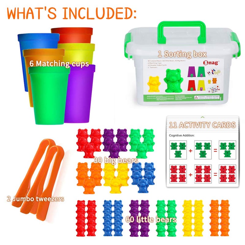 Bmag Counting Bears with Matching Sorting Cups,Number Color Recognition STEM Educational Toy for Toddler, Pre-School Learning Toy with 90 Bears,2 Tweezers,11 Activity Cards,1 Storage Box - Image 2