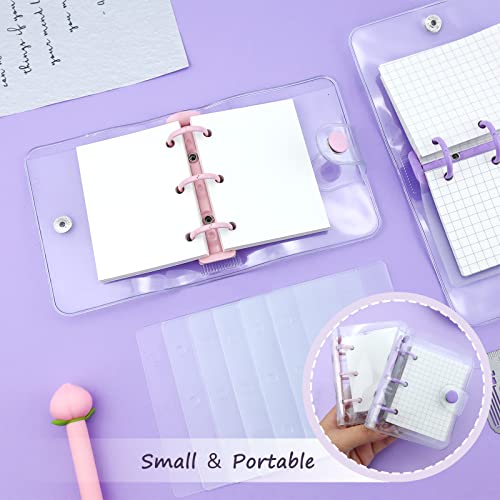 YETOOME 2 Pack Mini Transparent 3 Ring Binder Covers with Binder Inner Paper and Pockets, Clear Soft PVC Notebook Closure Loose Leaf Folder with Snap Button (Pink, Purple) - Image 5
