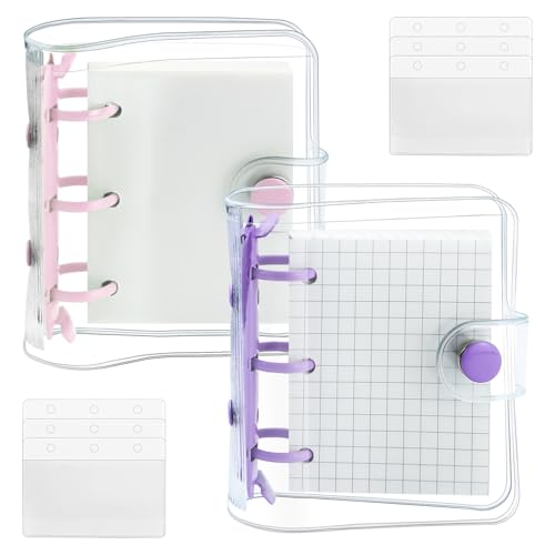 YETOOME 2 Pack Mini Transparent 3 Ring Binder Covers with Binder Inner Paper and Pockets, Clear Soft PVC Notebook Closure Loose Leaf Folder with Snap Button (Pink, Purple) - Image 1