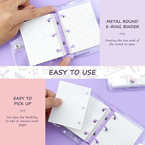 YETOOME 2 Pack Mini Transparent 3 Ring Binder Covers with Binder Inner Paper and Pockets, Clear Soft PVC Notebook Closure Loose Leaf Folder with Snap Button (Pink, Purple) - Image 4