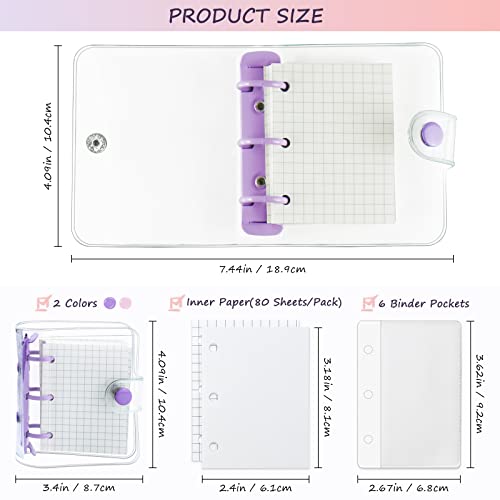 YETOOME 2 Pack Mini Transparent 3 Ring Binder Covers with Binder Inner Paper and Pockets, Clear Soft PVC Notebook Closure Loose Leaf Folder with Snap Button (Pink, Purple) - Image 2