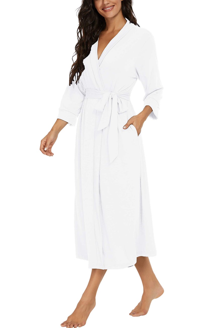VINTATRE VINTATRE Women Kimono Robes Long Knit Bathrobe Lightweight Soft Knit Sleepwear V-neck Casual Ladies Loungewear White-Large  - Image 2