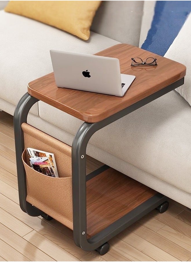 fashionhome - Multipurpose Use Moveable 2 Tiers C Shaped Side Table Rounded Corner Design Bedside Table Durable Wood Tabletop Laptop Table with Storage Pouch Coffee Table for Small Spaces Bedroom Living Room 40x28x62 cm - Image 1