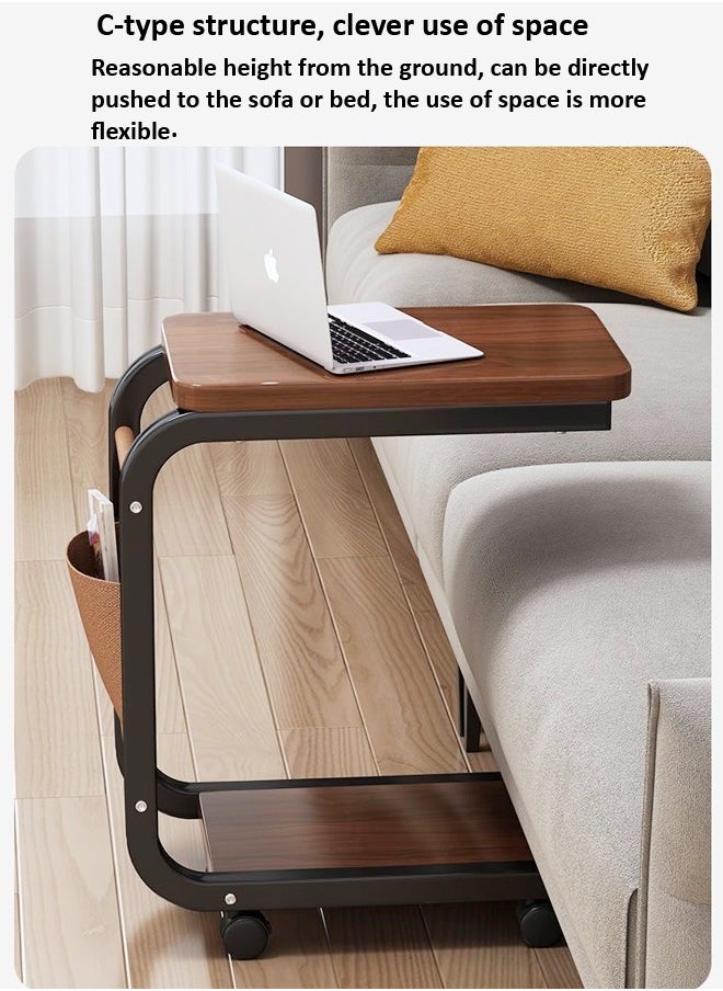 fashionhome - Multipurpose Use Moveable 2 Tiers C Shaped Side Table Rounded Corner Design Bedside Table Durable Wood Tabletop Laptop Table with Storage Pouch Coffee Table for Small Spaces Bedroom Living Room 40x28x62 cm - Image 1