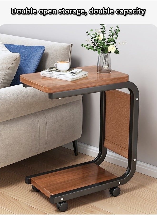 fashionhome - Multipurpose Use Moveable 2 Tiers C Shaped Side Table Rounded Corner Design Bedside Table Durable Wood Tabletop Laptop Table with Storage Pouch Coffee Table for Small Spaces Bedroom Living Room 40x28x62 cm - Image 1