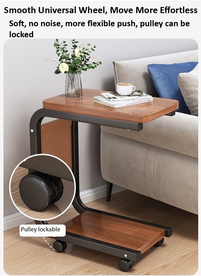 fashionhome - Multipurpose Use Moveable 2 Tiers C Shaped Side Table Rounded Corner Design Bedside Table Durable Wood Tabletop Laptop Table with Storage Pouch Coffee Table for Small Spaces Bedroom Living Room 40x28x62 cm - Image 1