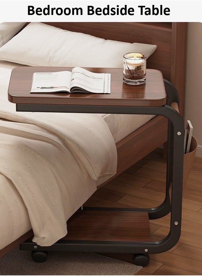 fashionhome - Multipurpose Use Moveable 2 Tiers C Shaped Side Table Rounded Corner Design Bedside Table Durable Wood Tabletop Laptop Table with Storage Pouch Coffee Table for Small Spaces Bedroom Living Room 40x28x62 cm - Image 1