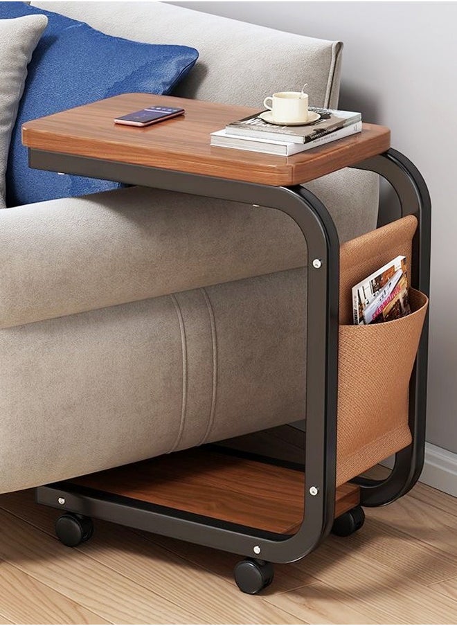 fashionhome - Multipurpose Use Moveable 2 Tiers C Shaped Side Table Rounded Corner Design Bedside Table Durable Wood Tabletop Laptop Table with Storage Pouch Coffee Table for Small Spaces Bedroom Living Room 40x28x62 cm - Image 1