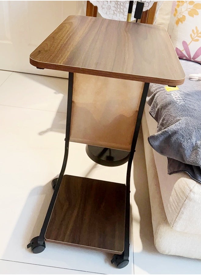 fashionhome - Multipurpose Use Moveable 2 Tiers C Shaped Side Table Rounded Corner Design Bedside Table Durable Wood Tabletop Laptop Table with Storage Pouch Coffee Table for Small Spaces Bedroom Living Room 40x28x62 cm - Image 1
