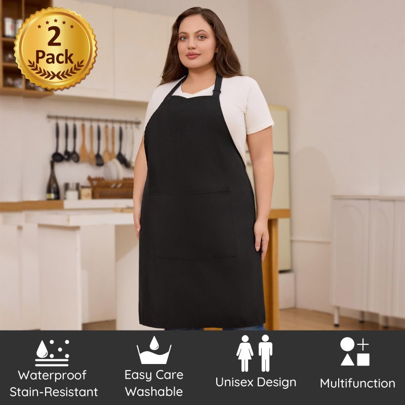 FunChaos 2 Pcs Plus Size Chef Apron, Black Apron, Unisex Aprons with 2 Pockets for Cooking, Grilling, BBQ, Work, Professional Aprons for Waiter Artist Hairdresser (Large Size) - Image 2