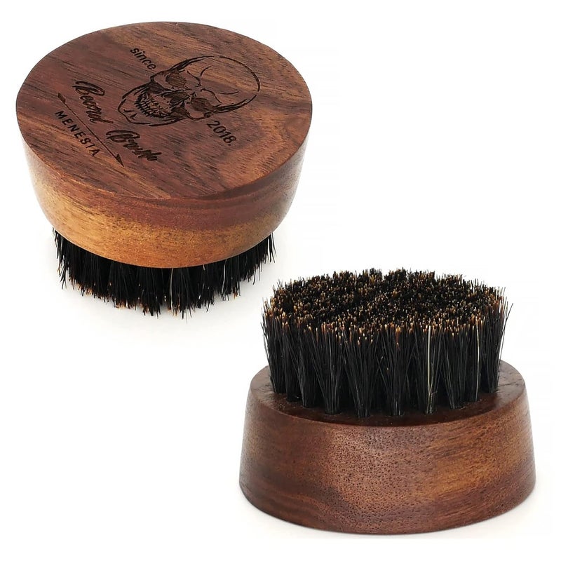Small and Round Beard Brush Pocket Travel Mens Wooden Boar Bristle Hair Beard Mustache Brush for Men Skull