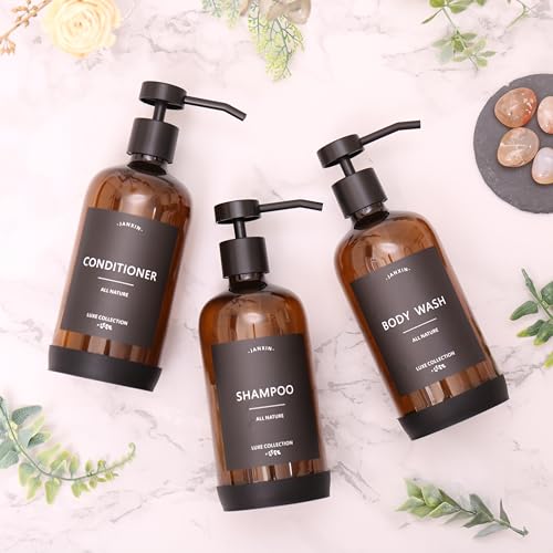 Janxin Shampoo and Conditioner Dispenser Set of 3,Refillable 21oz Shampoo Bottles with Non-Slip Protective Silicone Pad,Shower Soap Dispenser with Waterproof Labels for Bathroom (Amber) - Image 2