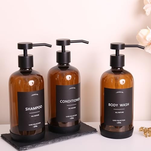 Janxin Shampoo and Conditioner Dispenser Set of 3,Refillable 21oz Shampoo Bottles with Non-Slip Protective Silicone Pad,Shower Soap Dispenser with Waterproof Labels for Bathroom (Amber) - Image 3