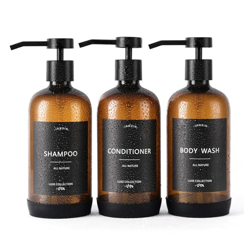 Janxin Shampoo and Conditioner Dispenser Set of 3,Refillable 21oz Shampoo Bottles with Non-Slip Protective Silicone Pad,Shower Soap Dispenser with Waterproof Labels for Bathroom (Amber) - Image 1