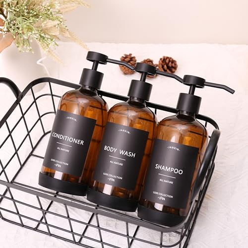 Janxin Shampoo and Conditioner Dispenser Set of 3,Refillable 21oz Shampoo Bottles with Non-Slip Protective Silicone Pad,Shower Soap Dispenser with Waterproof Labels for Bathroom (Amber) - Image 4