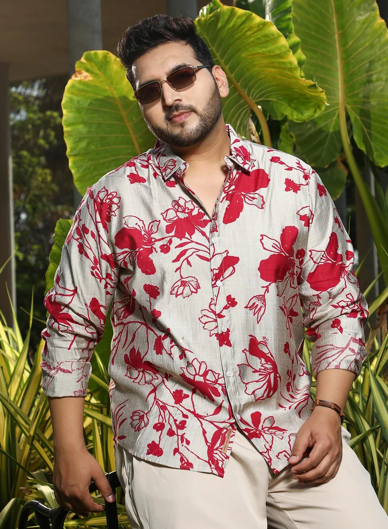 Instafab Plus Instafab Plus Men's Scarlet Red Freesia-Imprint Shirt For Casual Wear | Spread Collar | Long Cuffed Sleeves | Button Closure | Plus Size Shirt Crafted With Comfort Fit For Everyday Wear