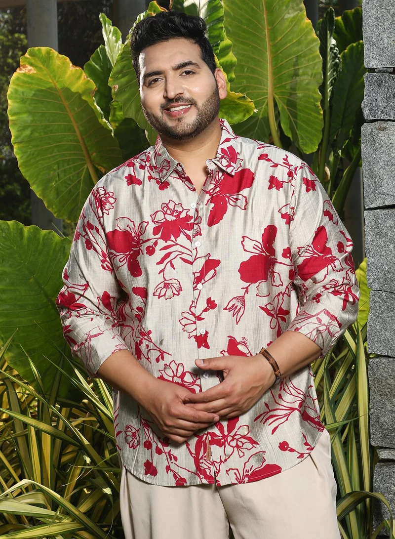 Instafab Plus Instafab Plus Men's Scarlet Red Freesia-Imprint Shirt For Casual Wear | Spread Collar | Long Cuffed Sleeves | Button Closure | Plus Size Shirt Crafted With Comfort Fit For Everyday Wear