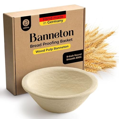 ABIOTO Wood Pulp Banneton Bread Proofing Basket – 9" Round 1.1LB Brotform with Smooth Surface – Non-Stick Natural Wood Pulp Pressed for Durability– Made in Germany Proofing Baskets for Sourdough Bread Baking - Image 1