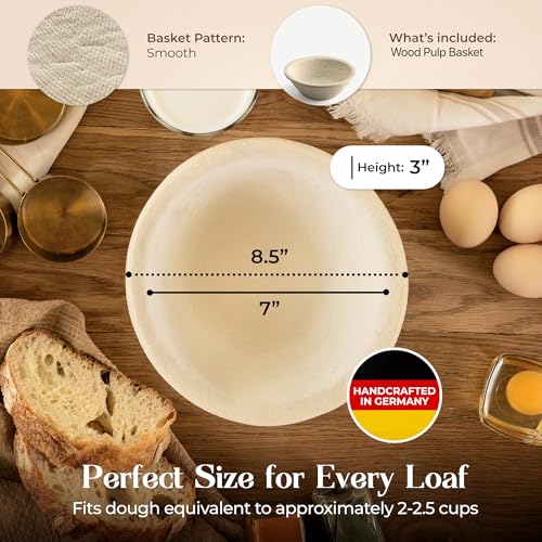 ABIOTO Wood Pulp Banneton Bread Proofing Basket – 9" Round 1.1LB Brotform with Smooth Surface – Non-Stick Natural Wood Pulp Pressed for Durability– Made in Germany Proofing Baskets for Sourdough Bread Baking - Image 2