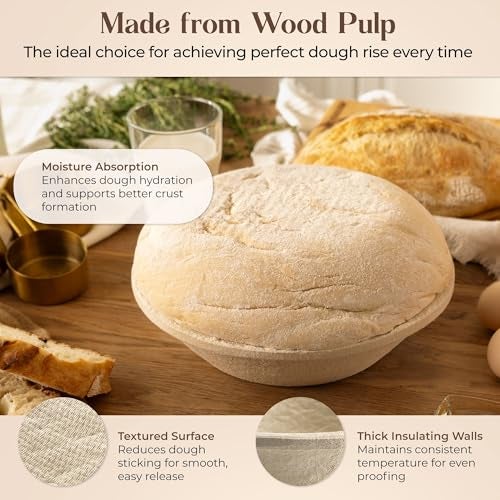 ABIOTO Wood Pulp Banneton Bread Proofing Basket – 9" Round 1.1LB Brotform with Smooth Surface – Non-Stick Natural Wood Pulp Pressed for Durability– Made in Germany Proofing Baskets for Sourdough Bread Baking - Image 3