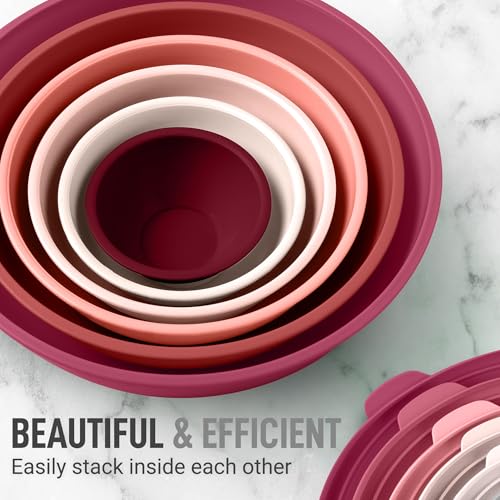 Zulay Kitchen 12 Piece Plastic Mixing Bowls with Lids Set LeakProof Microwave Freezer Safe Stackable Mixing Bowl Set for Preparing Serving and Storing NonSlip Large Nesting Bowls Red Ombre - Image 3