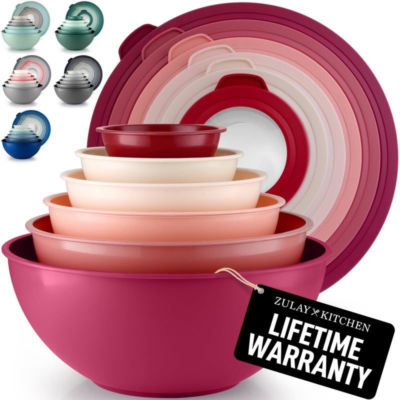 Zulay Kitchen 12 Piece Plastic Mixing Bowls with Lids Set LeakProof Microwave Freezer Safe Stackable Mixing Bowl Set for Preparing Serving and Storing NonSlip Large Nesting Bowls Red Ombre - Image 2