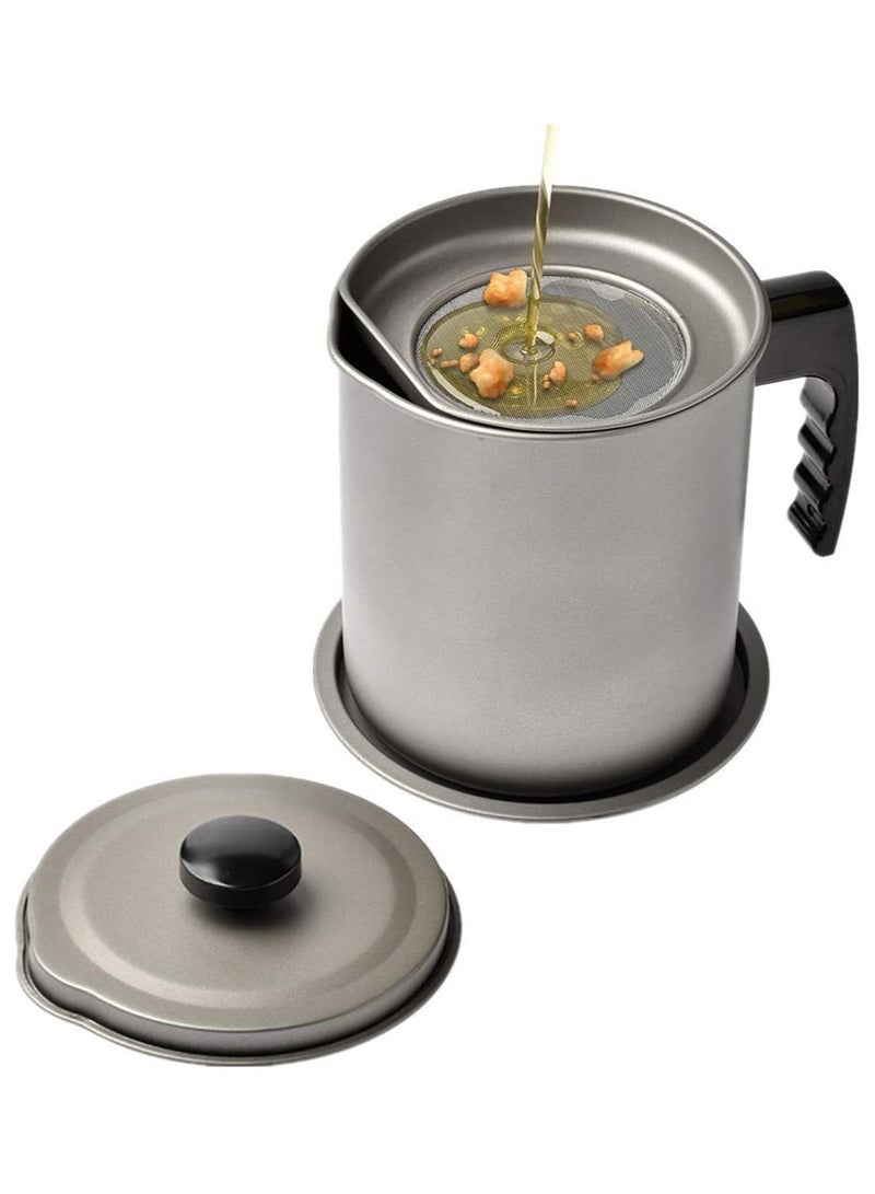 1.7L Kitchen Cooking Oil Filter Pot with Tray, Food Grade Stainless Steel Soup Grease Strainer, Separator and Keeper for Frying Cooking