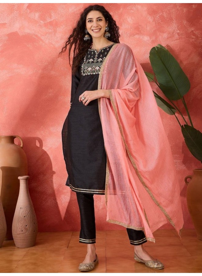 AKS Black Silk Kurta Set With Contrast Dupatta - Image 1